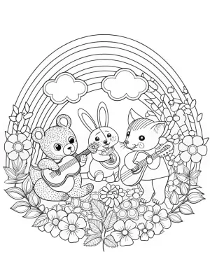 Animals playing music under a rainbow coloring pages