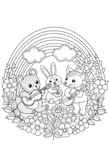 A coloring page of Animals playing music under a rainbow