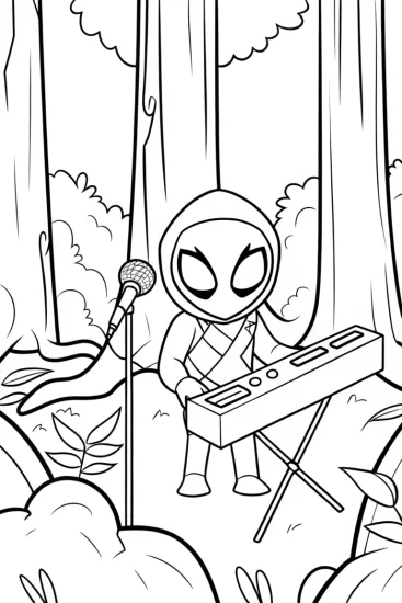 A coloring page of Venom playing music in the forest