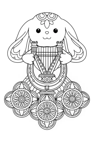 A coloring page of Cinnamoroll playing a harp