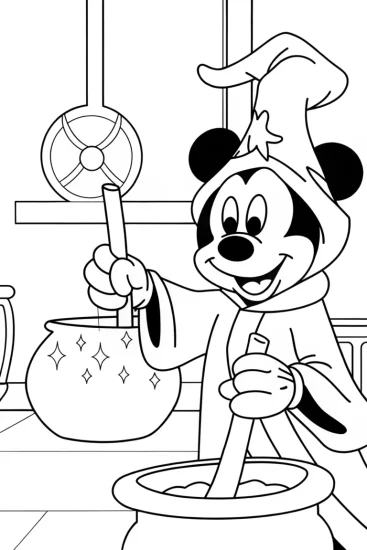 A coloring page of Mickey Mouse making a potion