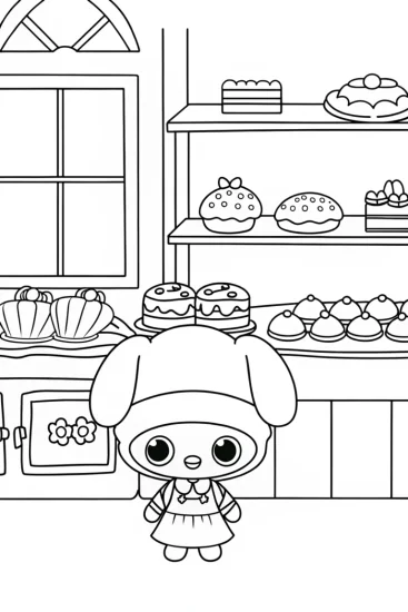 A coloring page of Cinnamoroll’s bakery adventure