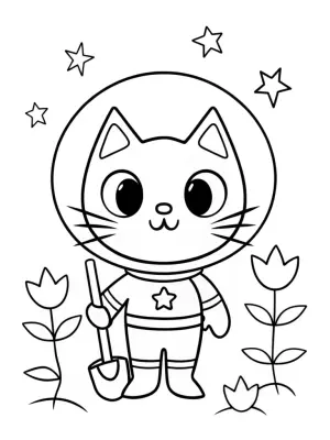 Whiskers the Cat gardening in space coloring pages