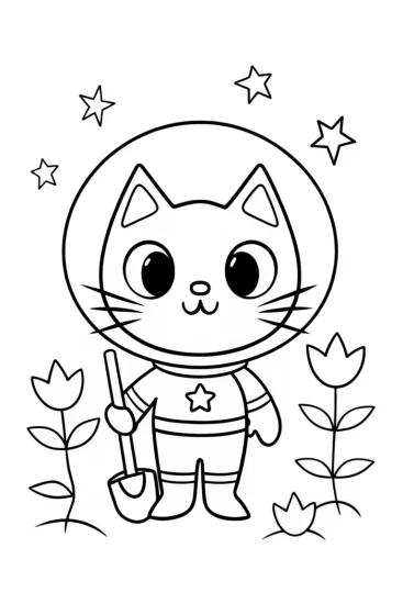 A coloring page of Whiskers the Cat gardening in space