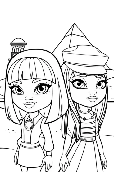A coloring page of Bratz dolls in a time travel adventure