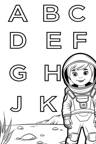 A coloring page of Alphabet astronauts exploring an alien planet