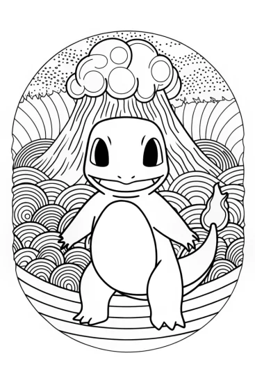 A coloring page of Charmander painting in a volcano