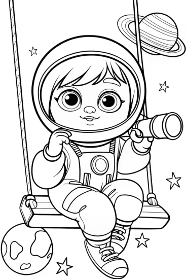A coloring page of Baby astronomer on a cosmic swing