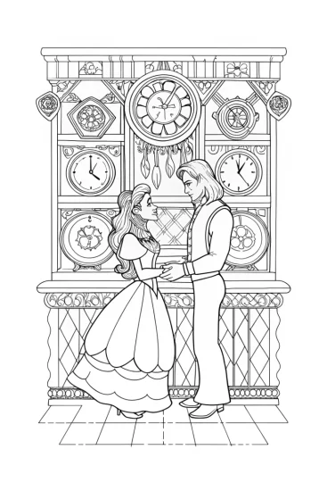 A coloring page of Belle and Beast in the clockmaker’s workshop