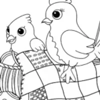 Chickens sewing a magical quilt