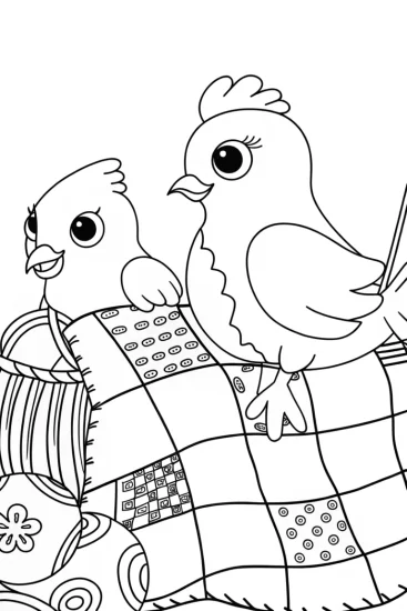 A coloring page of Chickens sewing a magical quilt