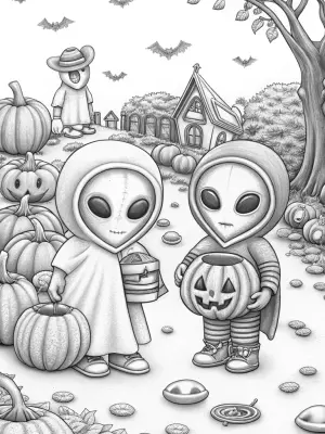Aliens celebrating Halloween coloring pages