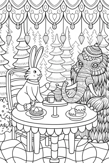 A coloring page of Rabbit and woolly mammoth tea party
