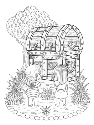 Children discovering a heart time capsule coloring pages