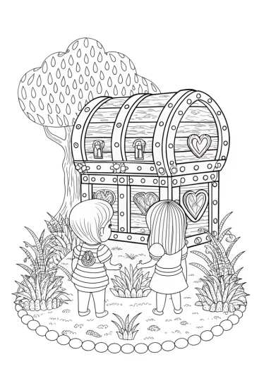 A coloring page of Children discovering a heart time capsule