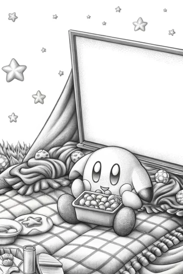 A coloring page of Kirby movie night under the stars