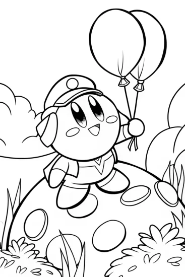 A coloring page of Kirby gardening on an asteroid