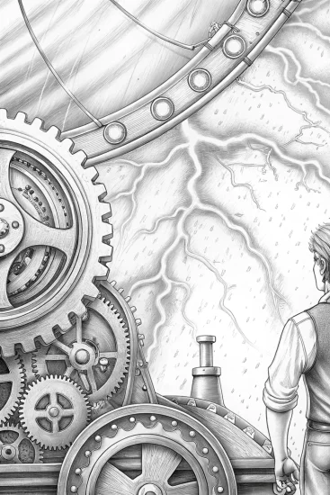 A coloring page of Lightning bolt in a steampunk world
