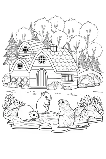 A coloring page of Animal architects building a village