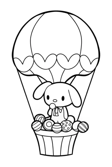 A coloring page of Cinnamoroll’s candy balloon ride