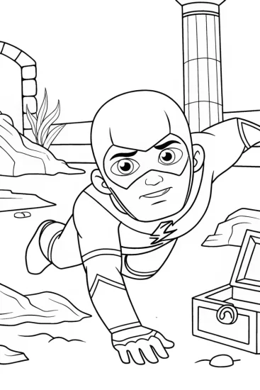 A coloring page of Flash on a treasure hunt