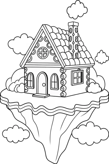 A coloring page of Gingerbread house on a floating island