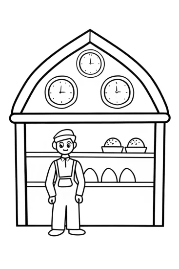 A coloring page of Luigi in his time-traveling bakery