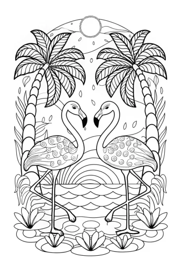 A coloring page of Flamingos in a magical oasis