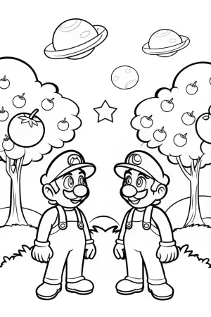 Mario and Luigi in a cosmic orchard coloring pages