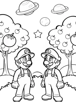 Mario and Luigi in a cosmic orchard coloring pages