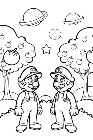 A coloring page of Mario and Luigi in a cosmic orchard