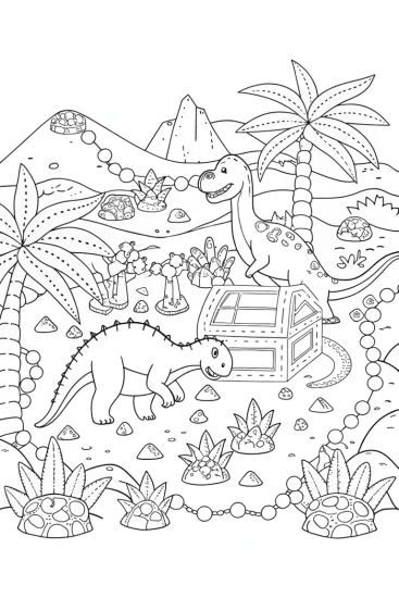 A coloring page of Dinosaur treasure hunt scene