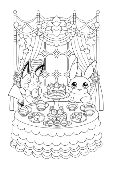A coloring page of Legendary Pokémon tea party