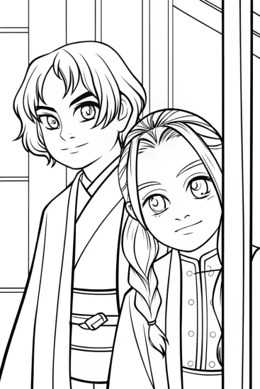 A coloring page of Demon Slayer in a hidden sanctuary