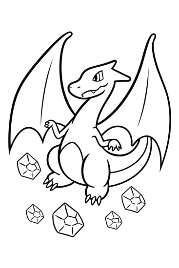A coloring page of Charizard collecting meteorites