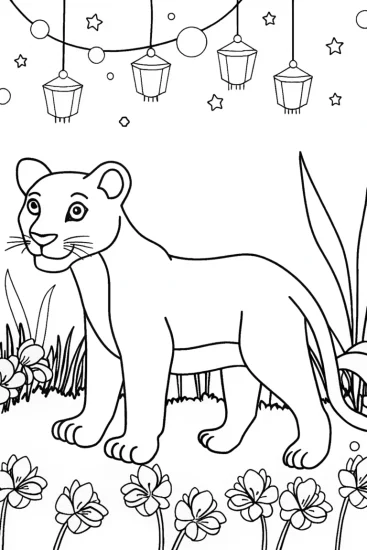 A coloring page of Black Panther in a magical garden