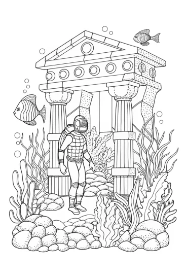 A coloring page of Ninja exploring an underwater temple