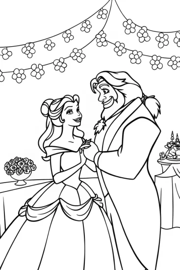 A coloring page of Belle and the Beast’s garden party