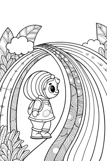 A coloring page of Baby explorer on a rainbow road