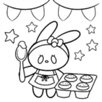 My Melody baking in a magical bakery
