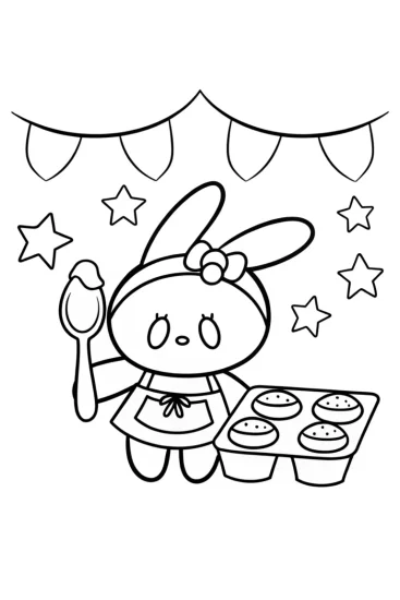A coloring page of My Melody baking in a magical bakery