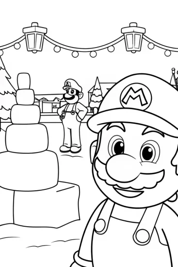 A coloring page of Mario ice sculpting festival