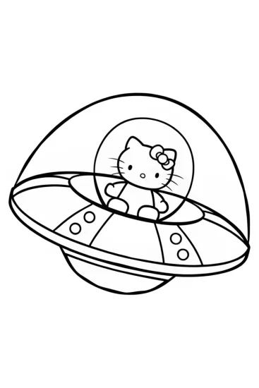 A coloring page of Hello Kitty in her starship