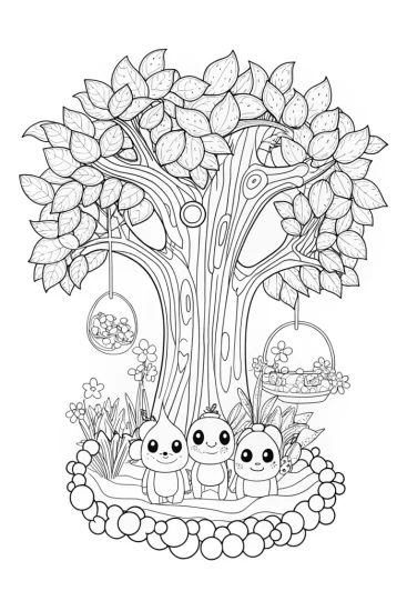 A coloring page of Rainbow friends under the enchanted tree
