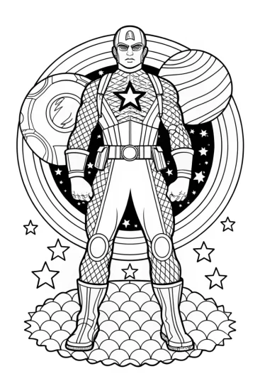 A coloring page of Captain America at the Galactic Championship