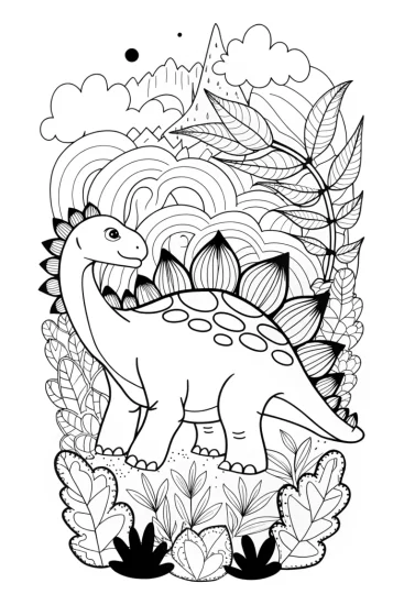 A coloring page of Stegosaurus in a dream world