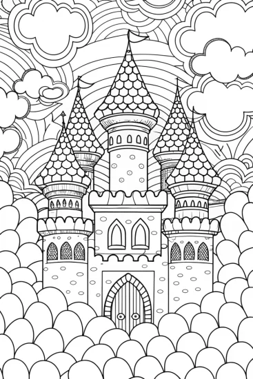 A coloring page of Squishmallows in a cloud castle