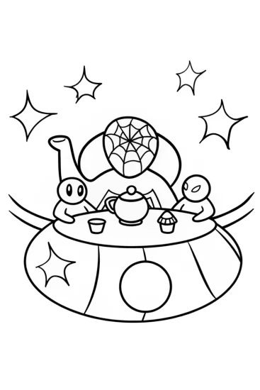 A coloring page of Spider-Man cosmic tea party