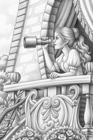 A coloring page of Princess looking through a telescope