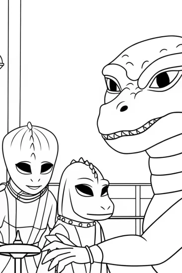 A coloring page of Godzilla helping alien creatures